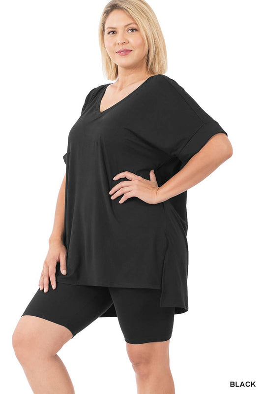SI-19985 Plus size Hi Low Hem Top & Biker Shorts 2pc Set: +ASHGREY-139919 / 3X