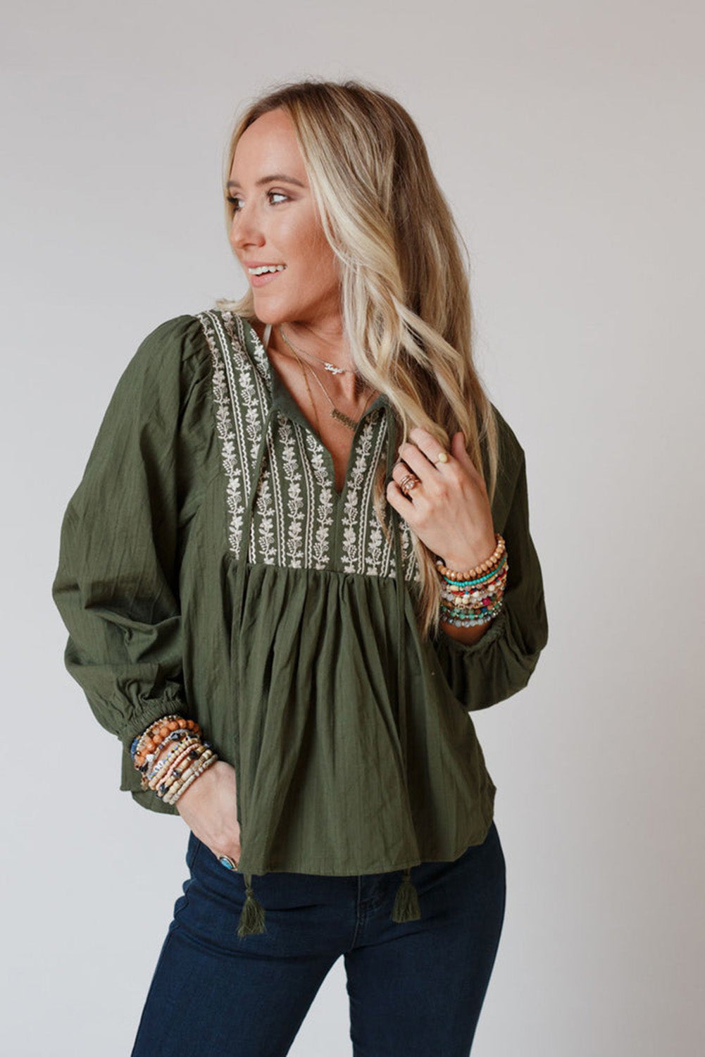 Wholesale Green Embroidered Split Neck Pleated Loose Blouse