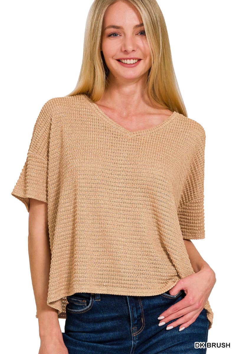 `.Textured Relaxed Fit Summer Sweater w/ back patch: SAND BEIGE-162821 / L/XL