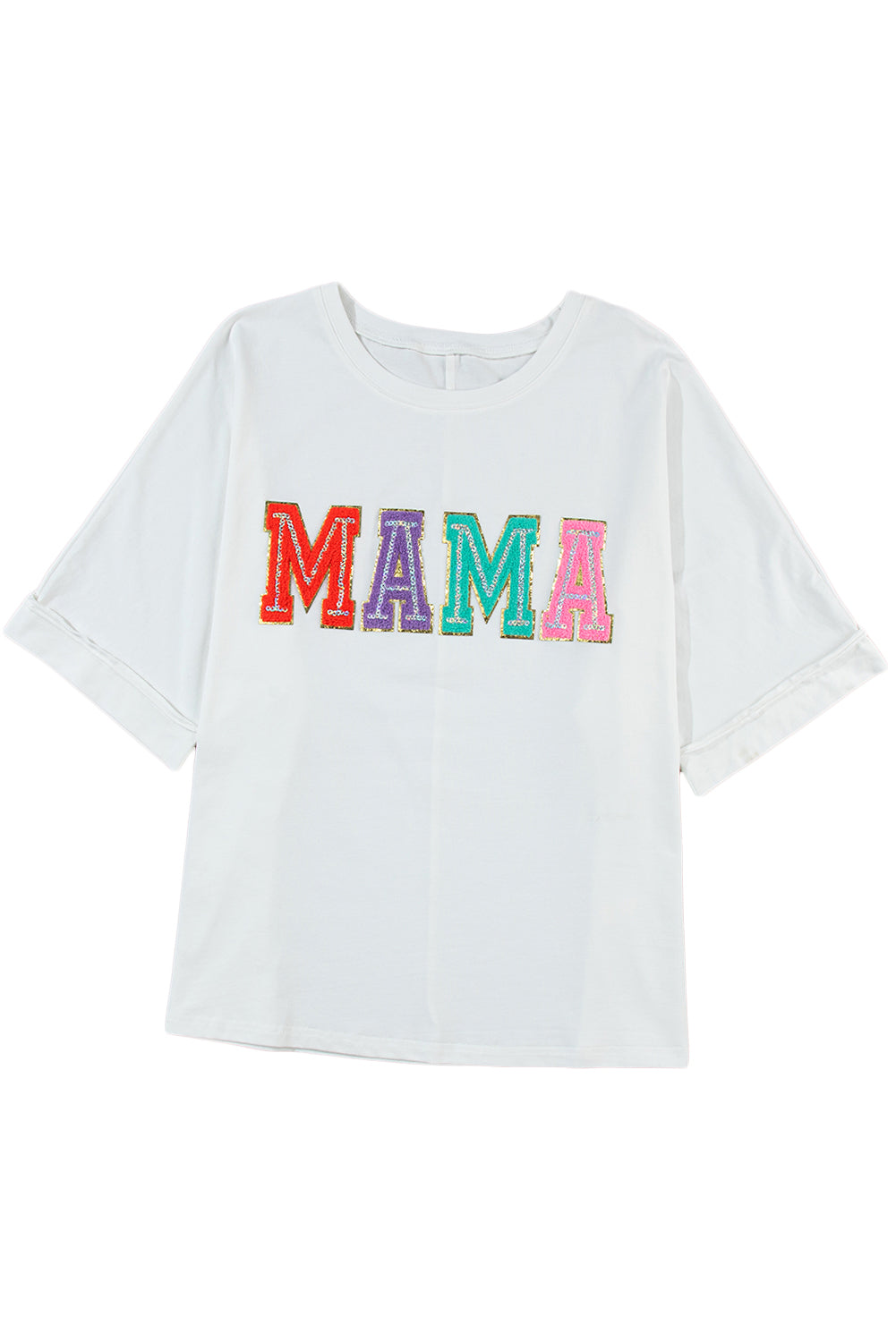 White MAMA Chenille Patched Crew Neck T Shirt