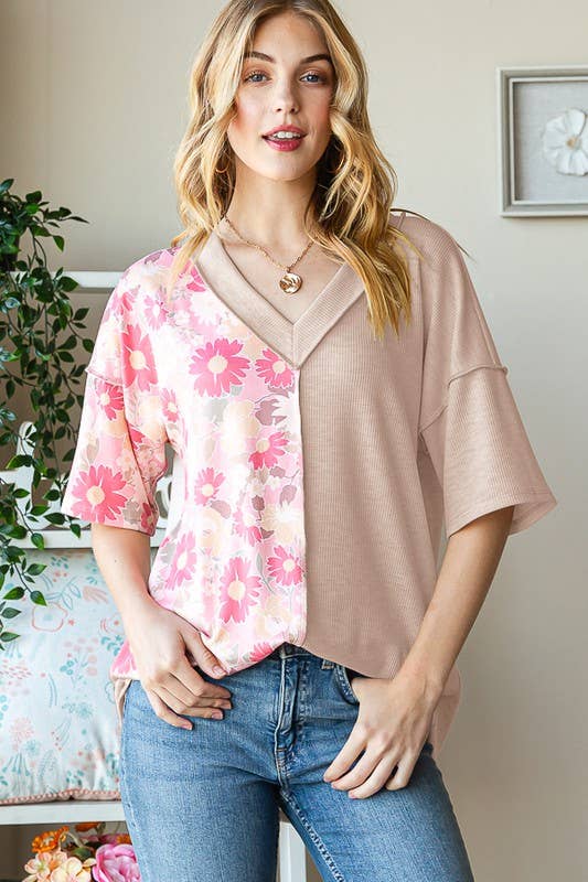 ET7547-12 SOLID AND FLORAL TOP: PEACH / 2-2-2 (1X-2X-3X)