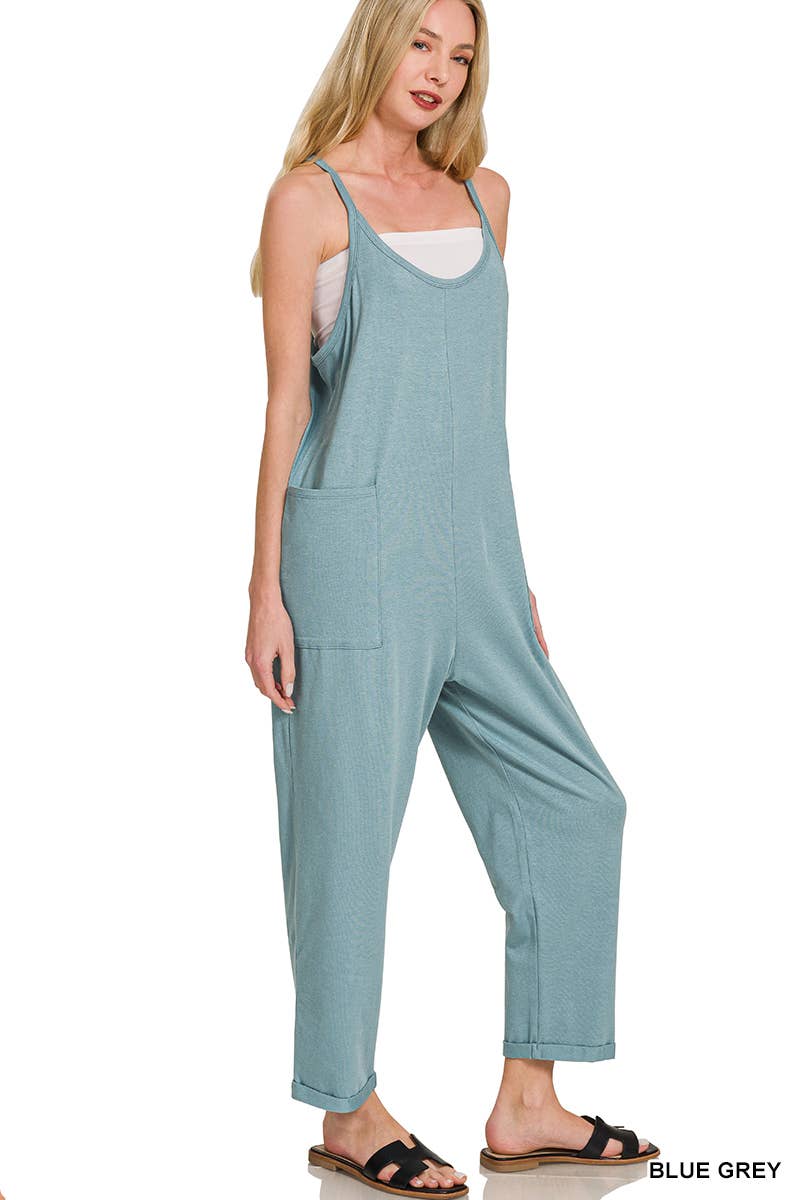 `.Spaghetti Strap Pocketed Jumpsuit: DK OLIVE-171541 / L/XL