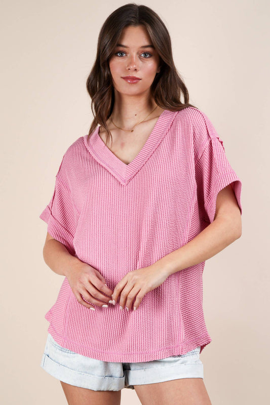 NT12075X-PLUS SIZE Soft Two Tone Casual Comfy Ribbed Knit To: PINK / 1XL-2XL-3XL/3-2-1