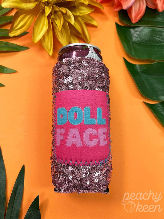 Doll Face Sequin Slim Can Cooler