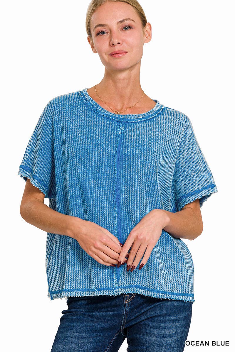 Washed Baby Waffle Short Sleeve Top: DK GREEN / 3-3 (S/M-L/XL)