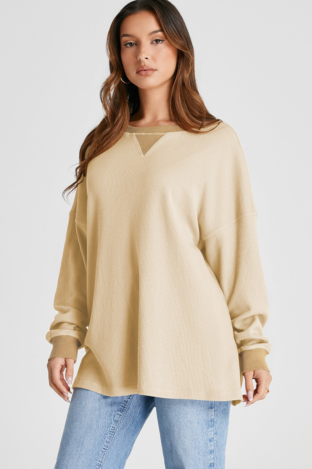 Waffle-Knit Long Sleeve Sweatshirt