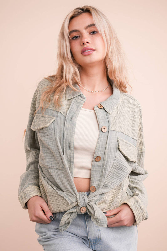 NJ90360-Mineral Washed Oversized Gauze Shacket Jacket: DENIM / S-M-L/2-2-2
