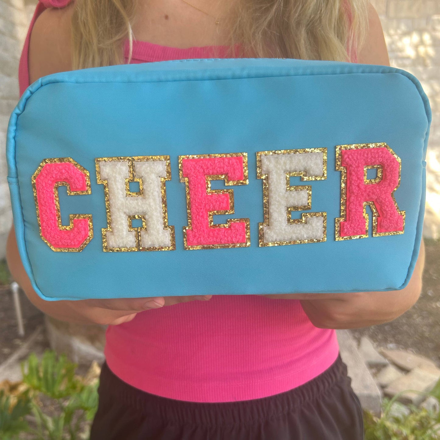 Cosmetic or Toiletry Bag with Varsity Letter Patches: Black with GLAM