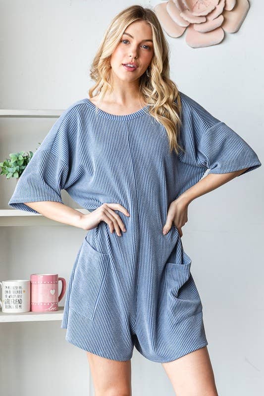 EP6832-10 SHORT SLEEVE SOLID URBAN RIBBED ROMPER: DENIM VINTAGE / 2-2-2 (1X-2X-3X)