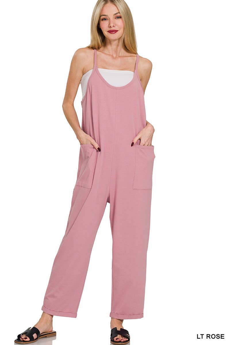 `.Spaghetti Strap Pocketed Jumpsuit: DK OLIVE-171541 / L/XL