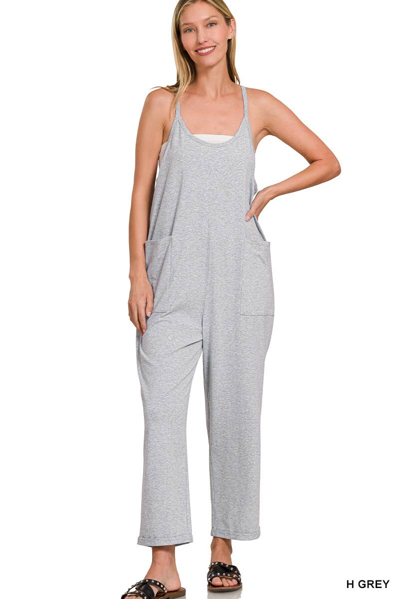 `.Spaghetti Strap Pocketed Jumpsuit: BROWN-181983 / S/M