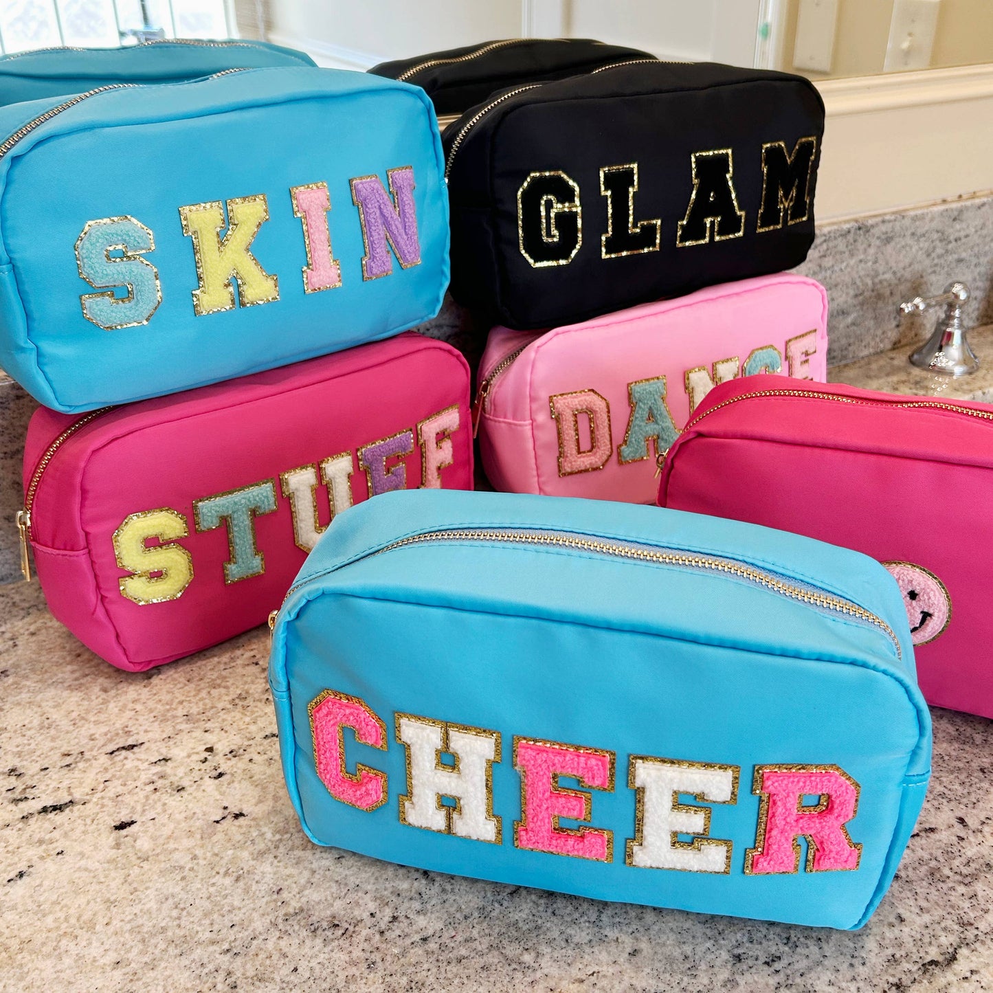 Cosmetic or Toiletry Bag with Varsity Letter Patches: Light Blue with SKIN
