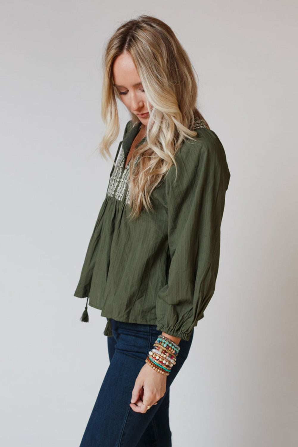 Wholesale Green Embroidered Split Neck Pleated Loose Blouse