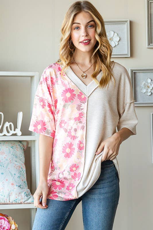 ET7547-12 SOLID AND FLORAL TOP: PEACH / 2-2-2 (S-M-L)