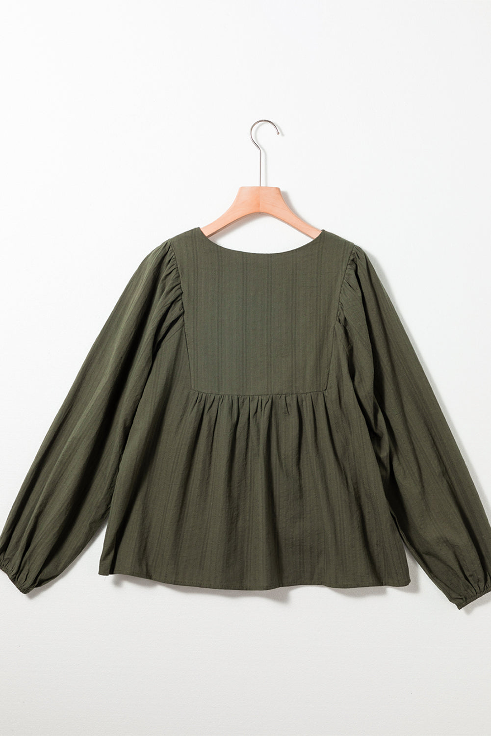 Wholesale Green Embroidered Split Neck Pleated Loose Blouse