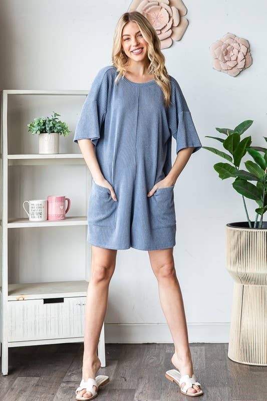 EP6832-10 SHORT SLEEVE SOLID URBAN RIBBED ROMPER: DENIM VINTAGE / 2-2-2 (1X-2X-3X)