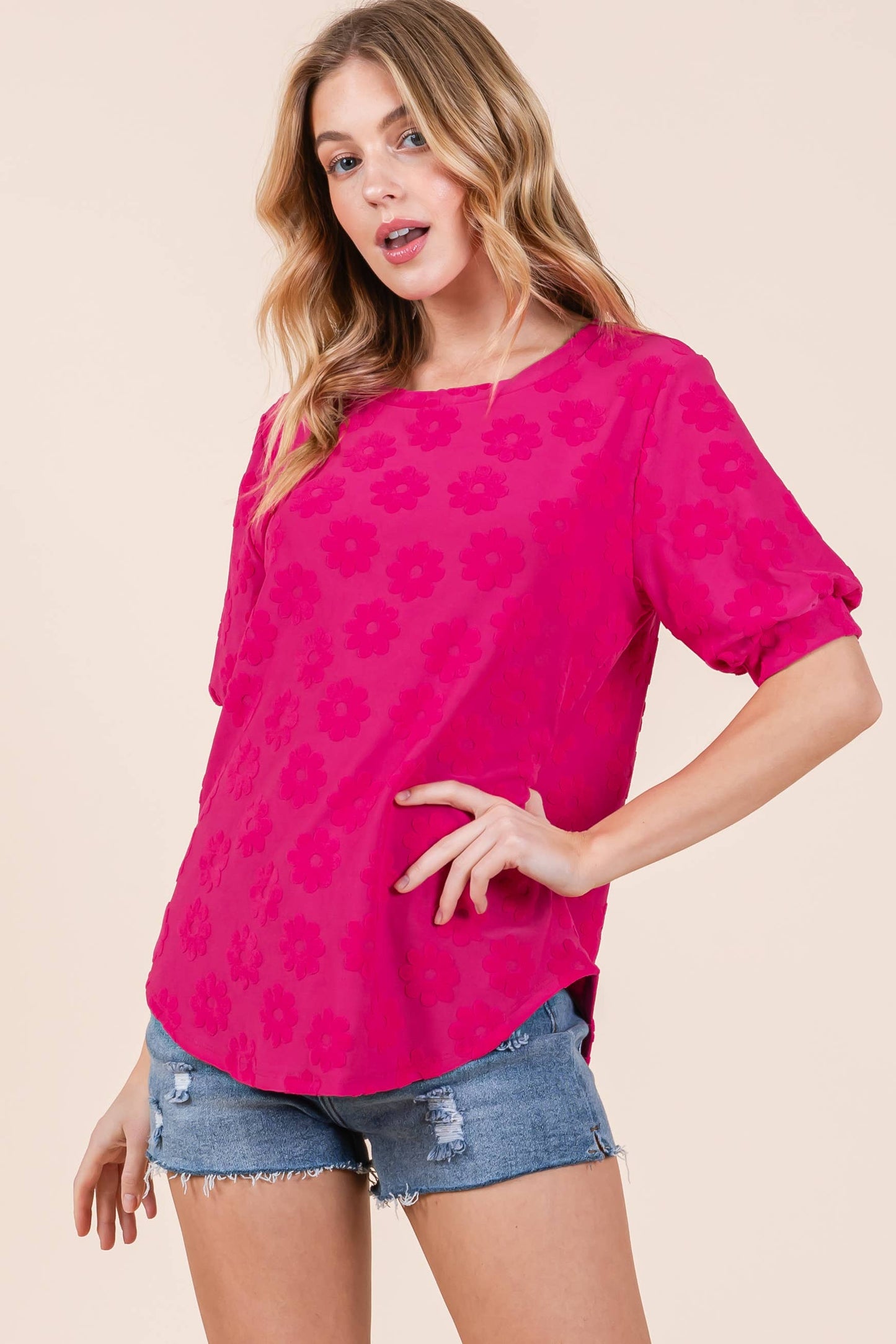 TA2174 Daisy Embroidered Puff Sleeve Top: Cream / Solid / M