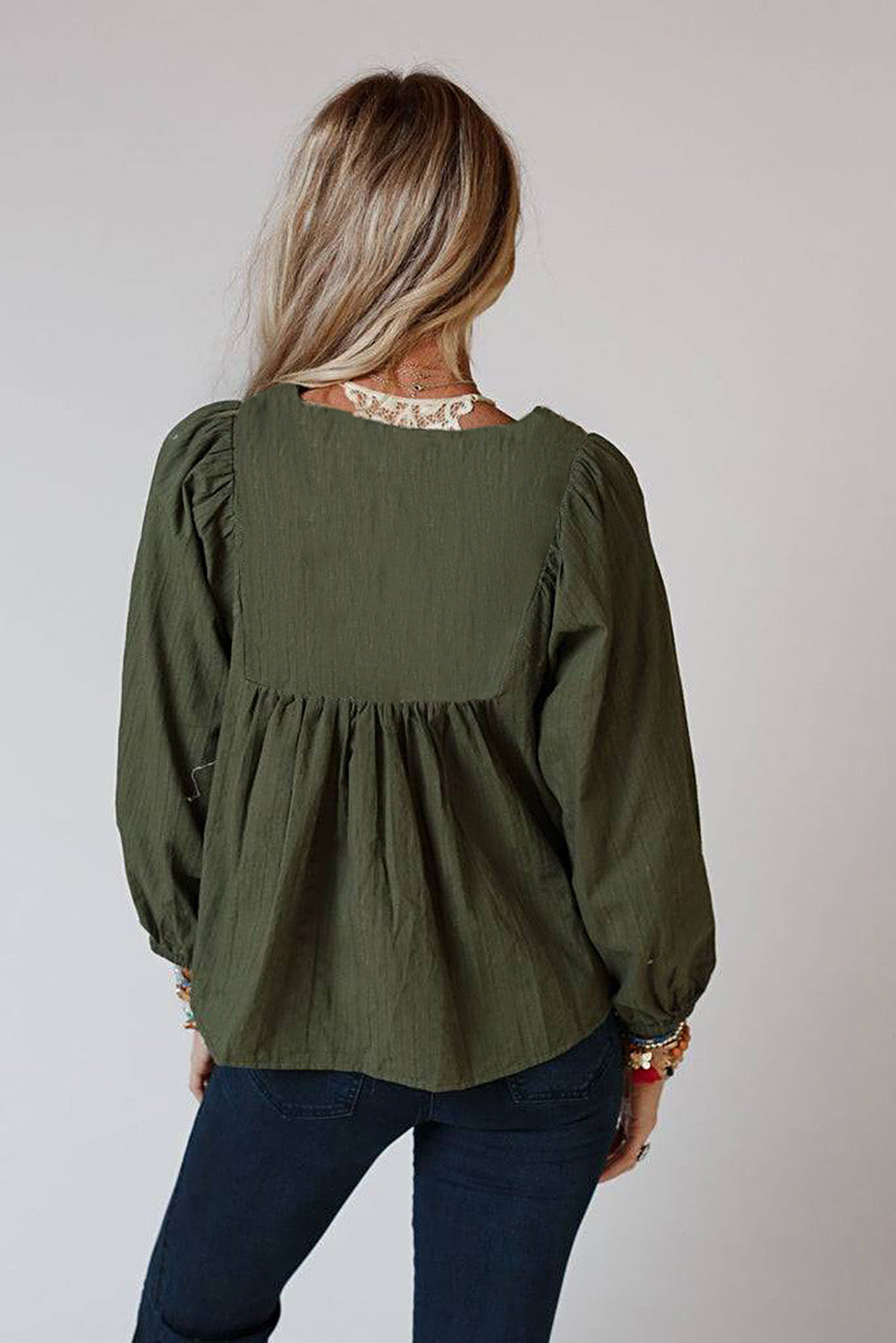 Wholesale Green Embroidered Split Neck Pleated Loose Blouse