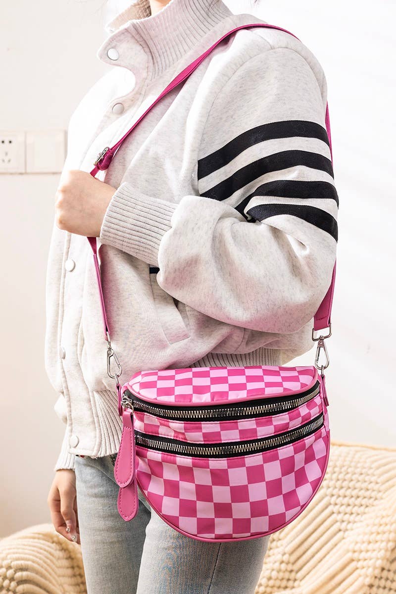 SI-27928 Double Zip Crescent Sling Bum Bag: BEIGE CHECKERED-182324 / OS