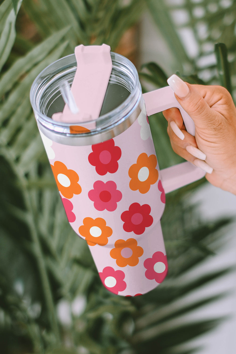 Multicolor 60s Flower Print Handled Stainless Steel Tumbler