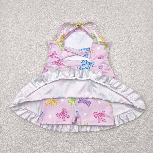 Baby Girls Pink Strap Colorful Bows Polka Dots Yoga Ruffle Knee Length Dresses: 4T