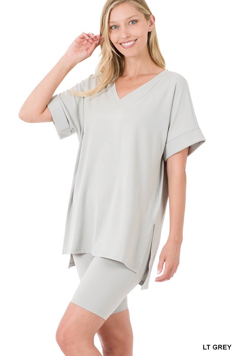 Brushed Dty Microfiber V-neck Top And Biker Shorts: DUSTY BLUE / 1-1-1-1 (S-M-L-XL)