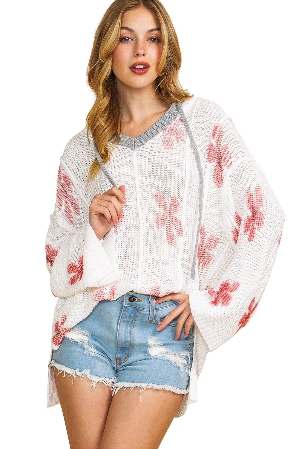 Wholesale White 60s Floral Print Oversized Knit Hooded Sweater