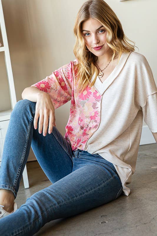 ET7547-12 SOLID AND FLORAL TOP: PEACH / 2-2-2 (S-M-L)