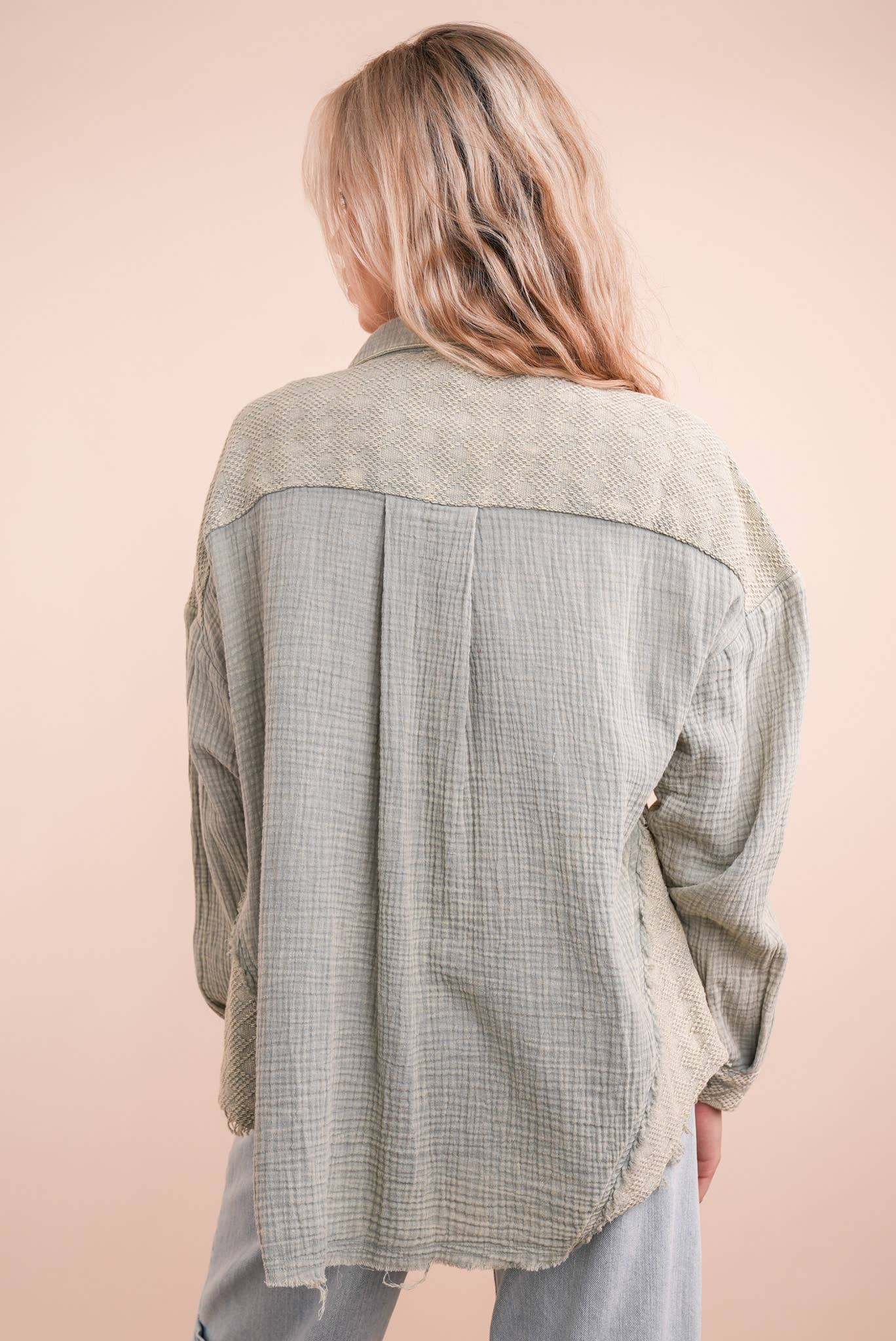 NJ90360-Mineral Washed Oversized Gauze Shacket Jacket: TAUPE / S-M-L/2-2-2