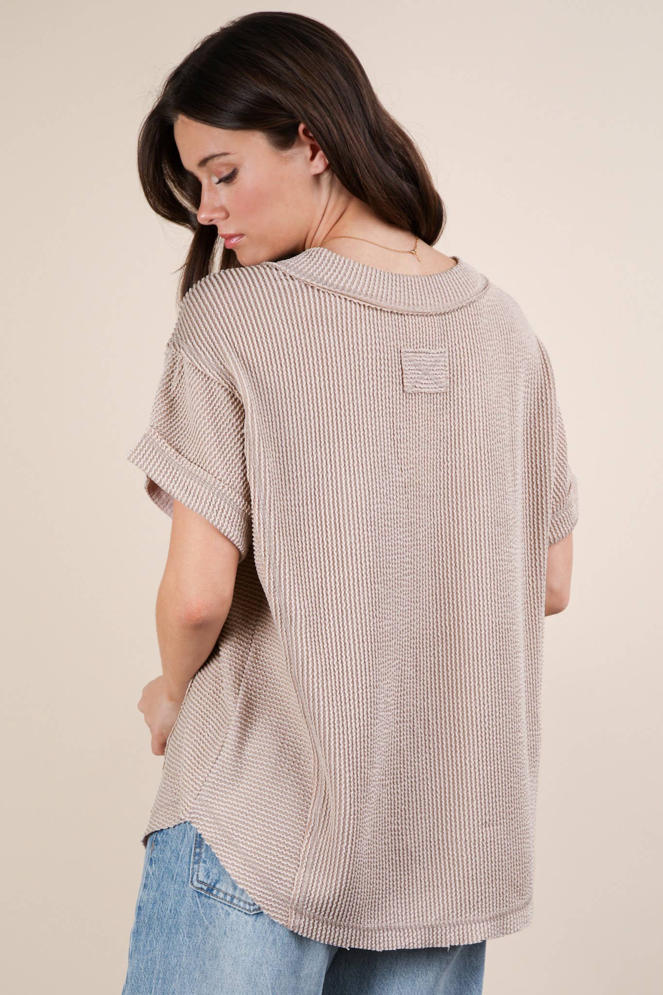 NT12075X-PLUS SIZE Soft Two Tone Casual Comfy Ribbed Knit To: PINK / 1XL-2XL-3XL/3-2-1