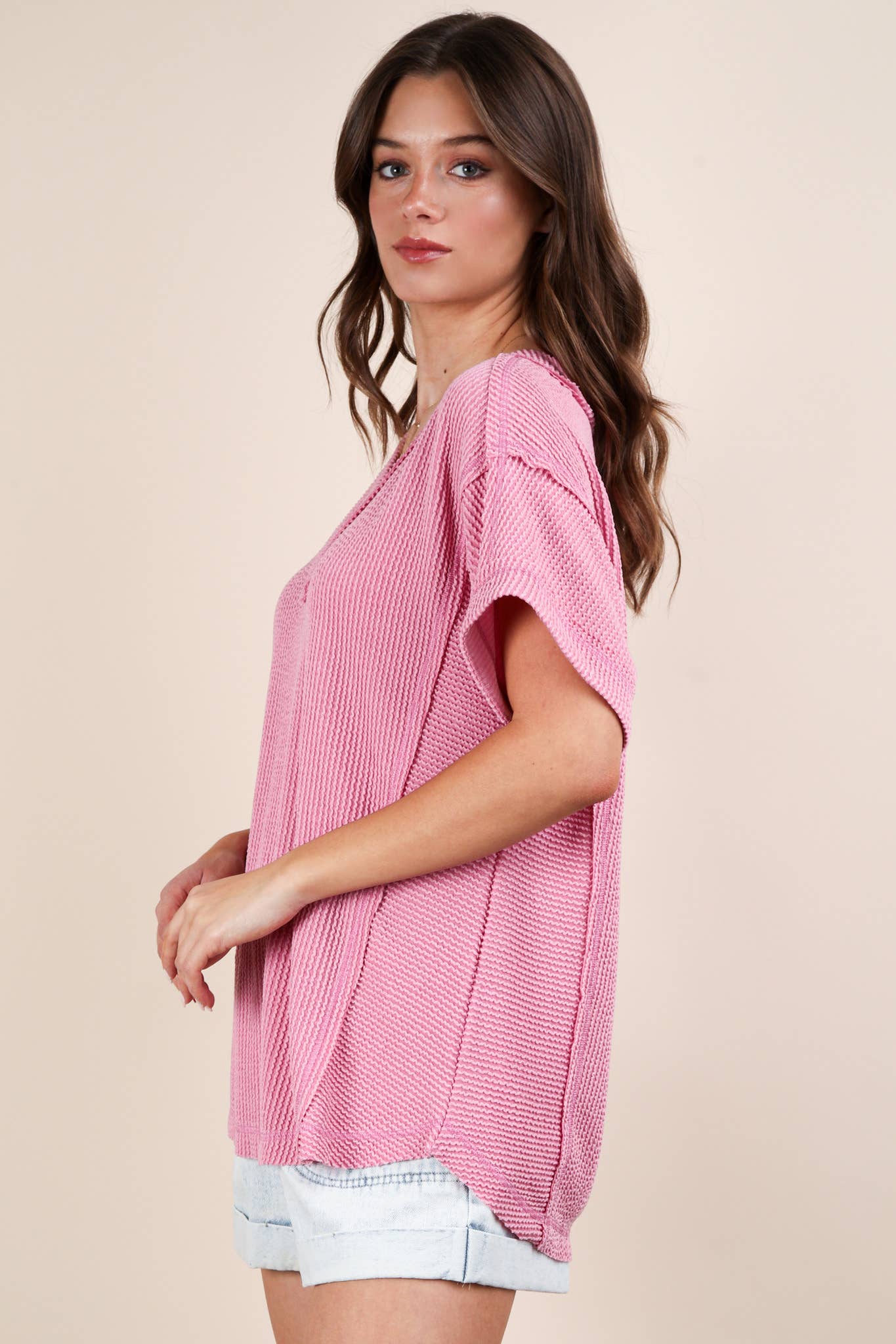 NT12075X-PLUS SIZE Soft Two Tone Casual Comfy Ribbed Knit To: PINK / 1XL-2XL-3XL/3-2-1