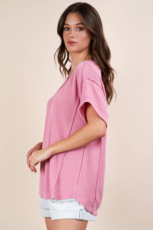 NT12075X-PLUS SIZE Soft Two Tone Casual Comfy Ribbed Knit To: PINK / 1XL-2XL-3XL/3-2-1