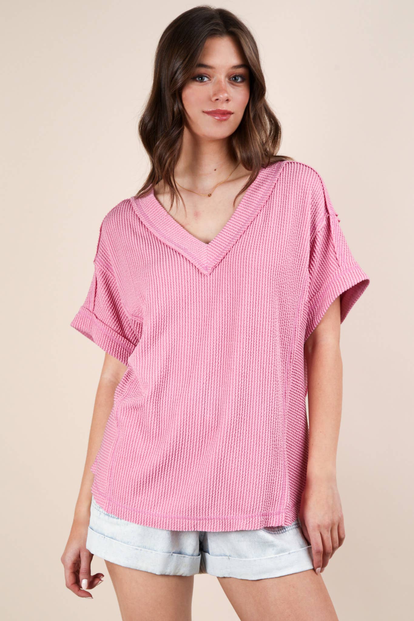 NT12075X-PLUS SIZE Soft Two Tone Casual Comfy Ribbed Knit To: PINK / 1XL-2XL-3XL/3-2-1