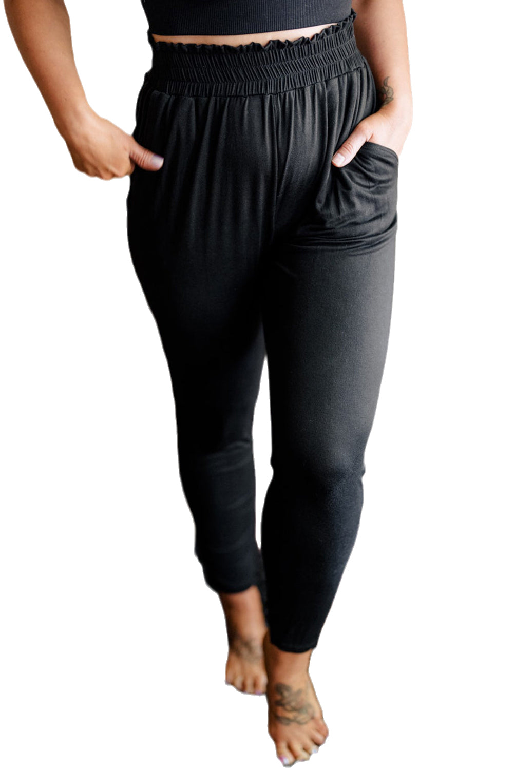 Black Plus Size Smocked High Waist Pocketed Soft Pants