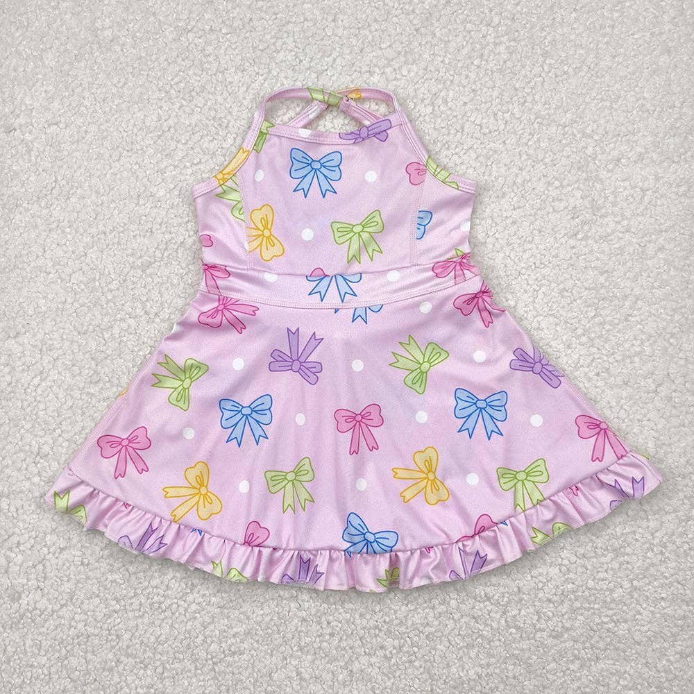 Baby Girls Pink Strap Colorful Bows Polka Dots Yoga Ruffle Knee Length Dresses: 4T