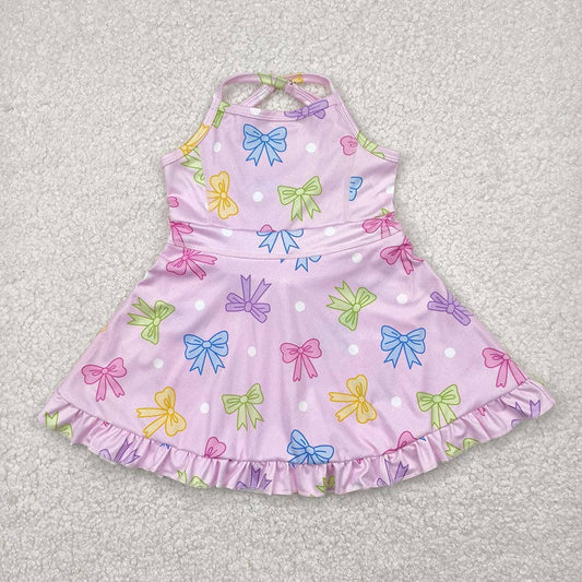 Baby Girls Pink Strap Colorful Bows Polka Dots Yoga Ruffle Knee Length Dresses: 4T