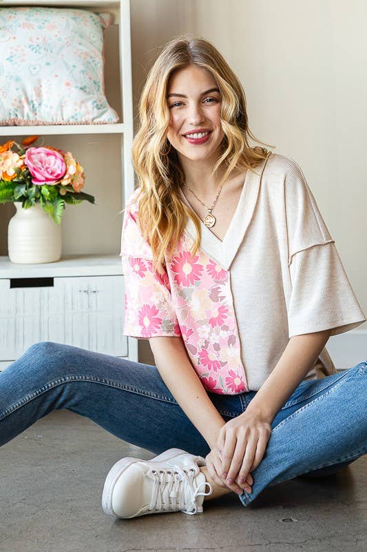 ET7547-12 SOLID AND FLORAL TOP: PEACH / 2-2-2 (S-M-L)
