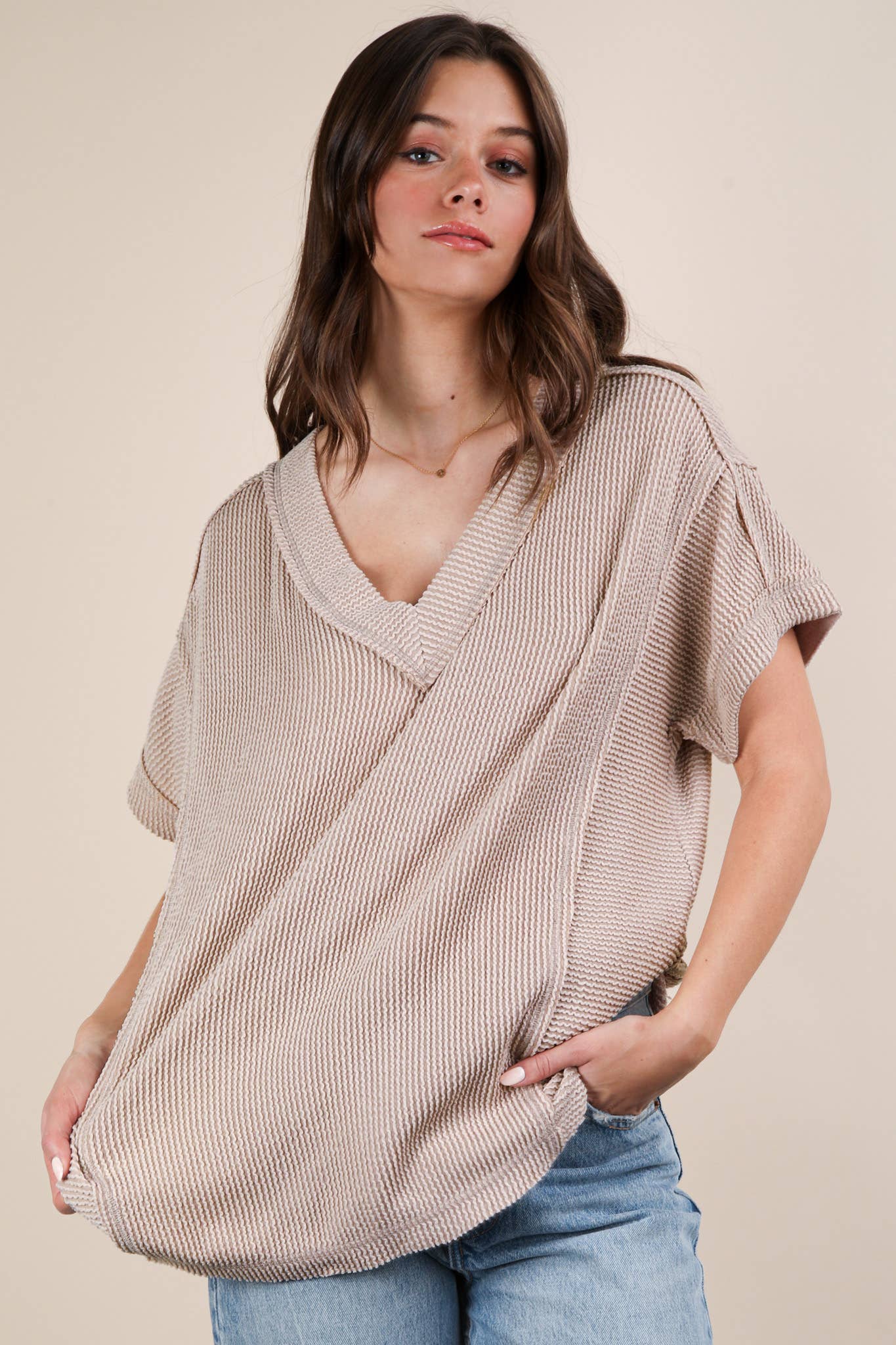 NT12075-Soft Two Tone Casual Comfy Ribbed Knit Top: PINK / S-M-L/2-2-2
