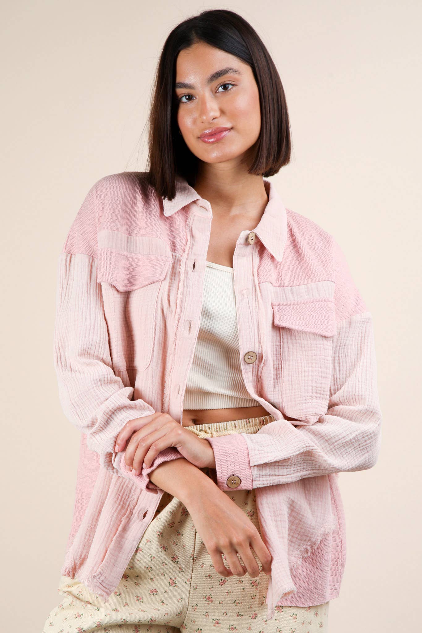 NJ90360-Mineral Washed Oversized Gauze Shacket Jacket: TAUPE / S-M-L/2-2-2