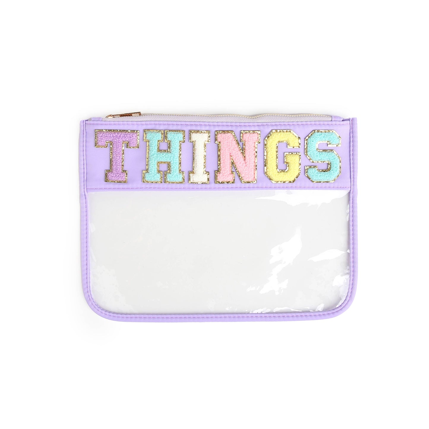 Varsity Letter Patch Clear Zippered Pouch Bag: Purple with THINGS