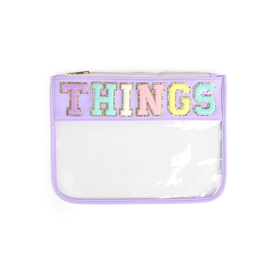 Varsity Letter Patch Clear Zippered Pouch Bag: Purple with THINGS