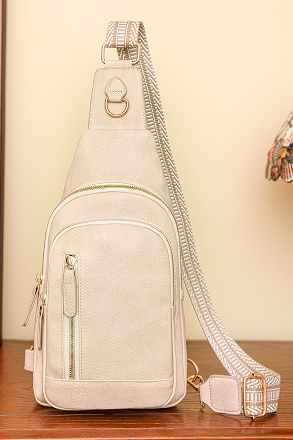 Beige Vintage PU Leather Zipped Crossbody Bag