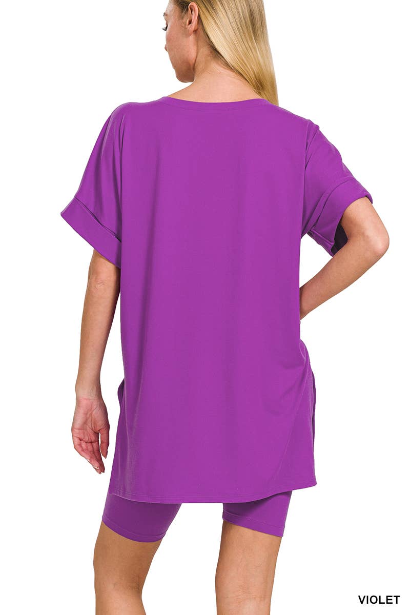 Brushed Dty Microfiber V-neck Top And Biker Shorts: DUSTY BLUE / 1-1-1-1 (S-M-L-XL)