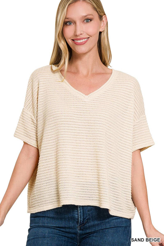 `.Textured Relaxed Fit Summer Sweater w/ back patch: SAND BEIGE-162821 / S/M