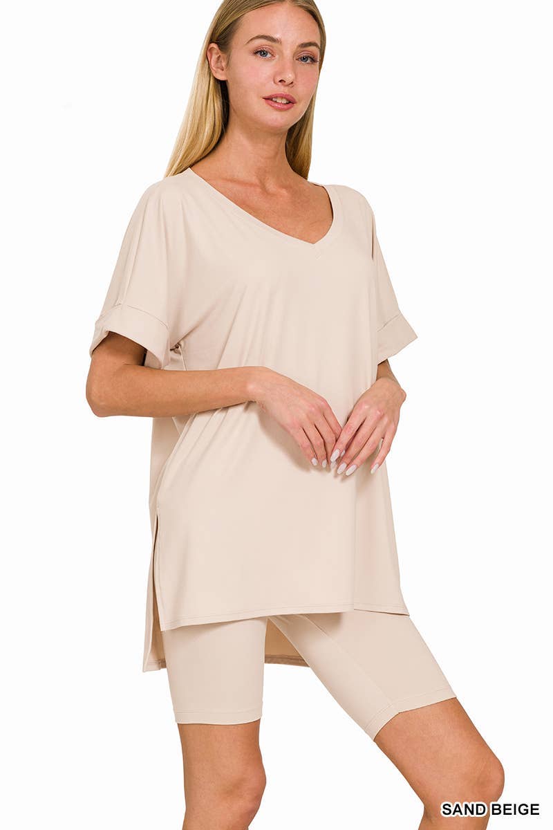 Brushed Dty Microfiber V-neck Top And Biker Shorts: DUSTY BLUE / 1-1-1-1 (S-M-L-XL)