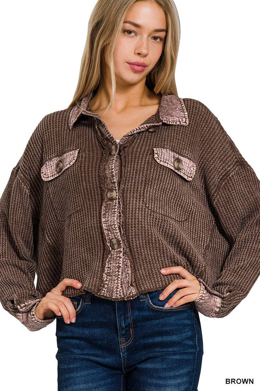 .0704 Acid Wash Oversized Cotton Waffle Cropped Shacket SI-25343: ASH BLACK-160225 / S/M