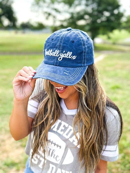 White Football Y'all Embroidery on Navy Hat: Blue / One Size