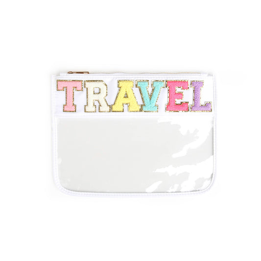 Varsity Letter Patch Clear Zippered Pouch Bag: White with TRAVEL