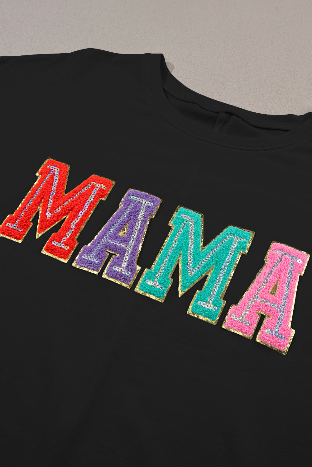 White MAMA Chenille Patched Crew Neck T Shirt