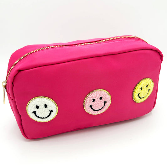 Cosmetic or Toiletry Bag with Varsity Letter Patches: Dark Pink with 3 smile patches